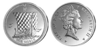Platinmünzen: Hier die bekannte Platinmünze Noble von der Isle of Man. Beim Platin-Noble von der Isle of Man ist das Motiv eines Wikinger–Schiffes welches sich unverändert auf jeder Münze befindet, die Rückseite zeigt das Porträt der Königin Elisabeth II